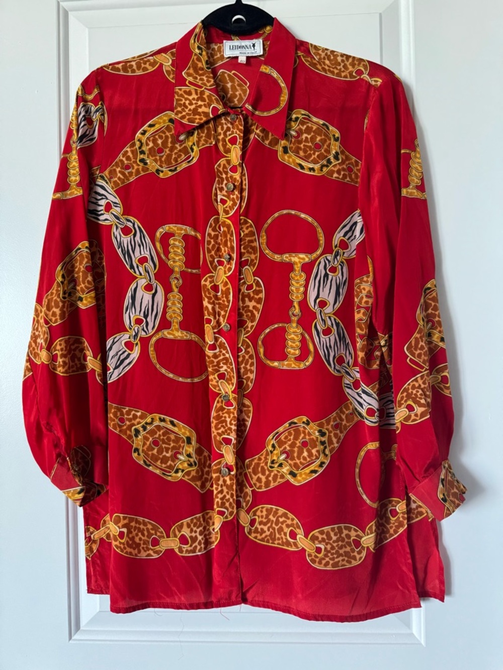 Vintage Lei Donna Viscose Silk Equestrian Horse Pattern Print Red Blouse